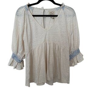 Chaser Cream Boho Baby Doll Quarter Sleeve V-Neck Flowy Top - Small
